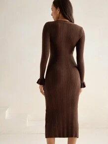 Anewsta Vestido largo elegante de unicolor con cuello en V, manga larga, ajustado y con volantes y abertura lateral para mujer, otoño/invierno - Café integral - Ver 5