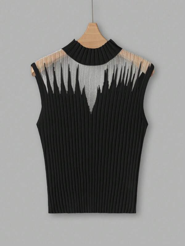 Uhlyne Women Stand Collar Mesh Contrast Ribbed Knitted Tank Top