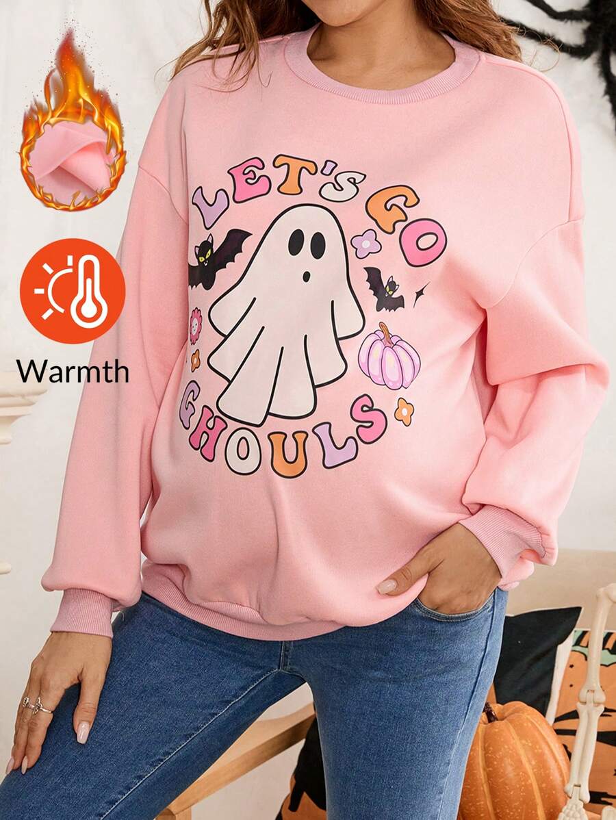 SHEIN Maternity Pink Drop Shoulder Letter Graphic Sweatshirt For Fall And Winter, Halloween - Pink - View 1