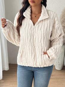 SHEIN Frenchy Plus Size Reversible Coral Fleece Sweatshirt, Autumn/Winter Fall - Apricot - View 4