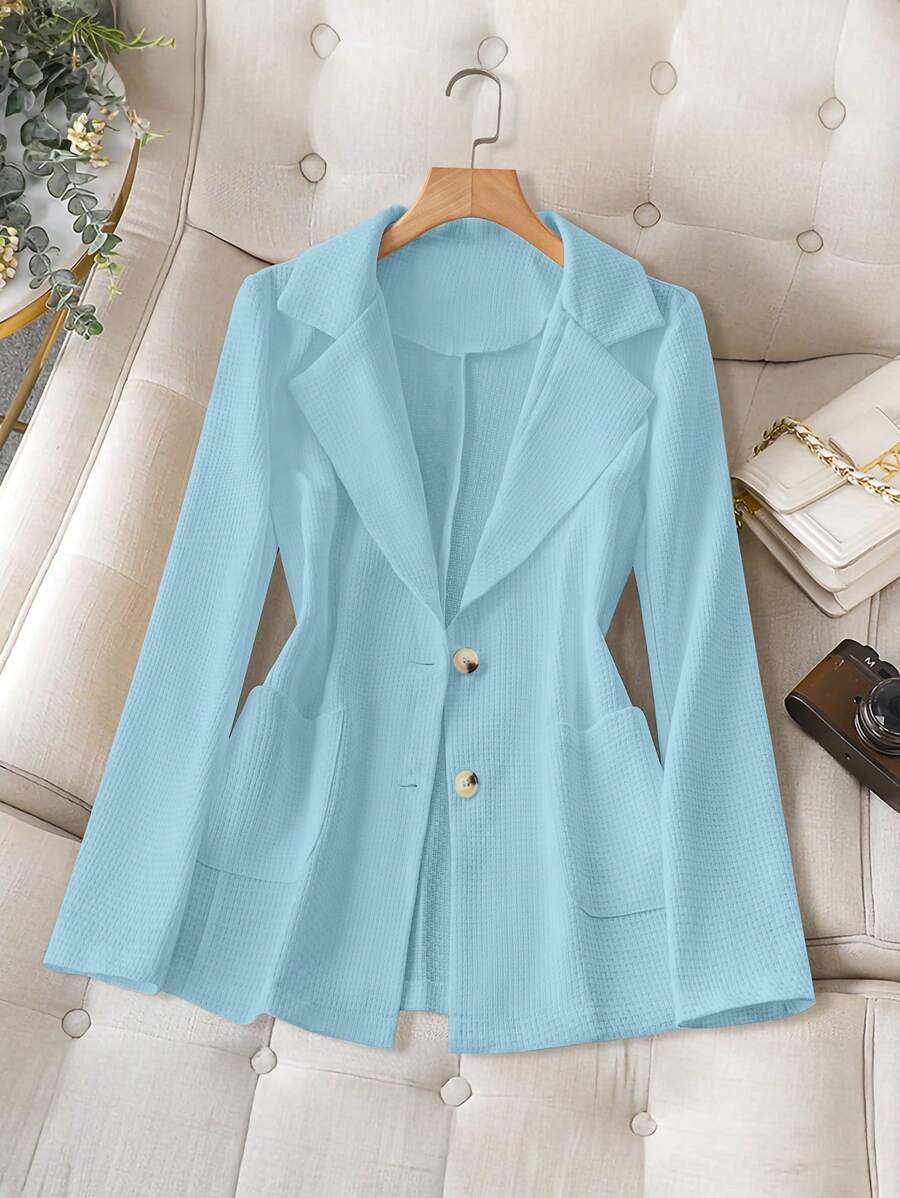 SHEIN Clasi 女士纯色简约日常长袖收腰西装外套 - 藍色 - 查看 1