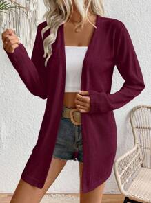 Chiquease Áo len cardigan dài tay màu trơn thường ngày cho nữ - Màu Đỏ Sâu - Xem 3