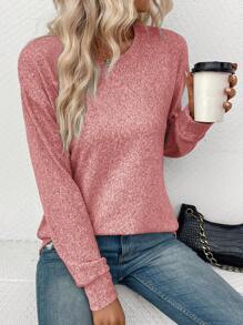 SHEIN LUNE Women's Solid Color Crew Neck Dropped Shoulder Long Sleeve Loose Casual T-Shirt - Watermelon Pink - View 4