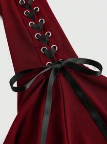 ROMWE Goth 女式抽绳网眼喇叭袖上衣 - 紅色 - 查看 3