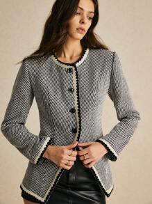 Poéselle Manteau régulier élégant à simple boutonnage à rayures et manches longues pour femme, automne-hiver