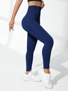 SHEIN Yoga Basic Leggings de yoga sans coutures, taille haute, extensibles et de couleur unie - Bleu marine - Voir 7