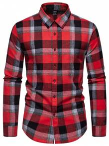 Manfinity Homme Men Unisex Classic Red Plaid Long Sleeve Vintage Casual Colorful Shirt With Christmas Atmosphere (Asymmetric Cutting), Plaid Shirt, For Husband, Work, Business