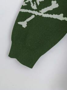 SHEIN LUNE Áo len dài tay cổ tròn họa tiết đầu lâu cỡ lớn, chất liệu dệt kim, thích hợp cho mùa thu đông. - màu xanh lá - Xem 5