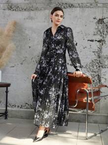 Aveloria Modichic Vestido de manga larga con estampado de gasa floral, cintura ceñida, cuello y puños con volantes - Multicolor - Ver 1