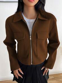INAWLY Women's Solid Color Long Sleeve Utility Pocket Casual Short Jacket For Autumn/Winter - Coffee Brown - View 5