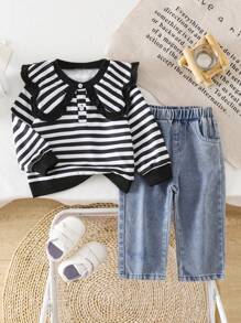 Baby Girl Autumn Winter Outfit, Includes Striped Sweatshirt And Loose Fit Ruffle Trim Denim Pants, Casual Fashion Set