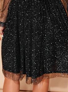SHEIN CURVE+ Plus Size Women's Sequin Decor Mesh Long Sleeve Dress