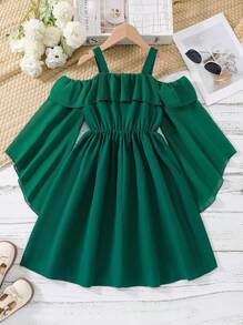 SHEIN Vestido de niña preadolescente con mangas abullonadas, volantes y falda acampanada en unicolor - Verde - Ver 2