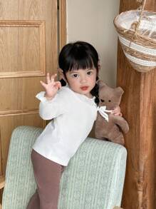 SHEIN 3 pièces Ensemble de hauts à manches longues avec col montant et broderie, style décontracté pour nouveau-nés et bébés filles, printemps automne