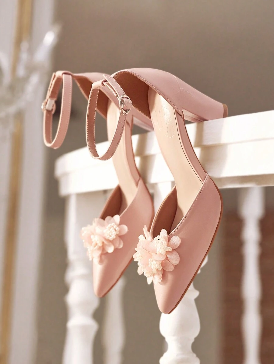 CUCCOO HITCHD Women's Pointed Toe Chunky Heel 3D Floral Pink High Heel Pumps, Hollow-Out Party Wedding Shoes Spring Shoes Spring Break Easter Prom Heels For Christmas