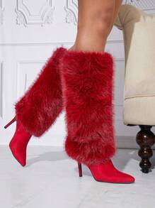 SHUZIA Women's Fluffy Fur Knee High Comfy Puff Pointy Toe Heel Boots Christmas Holiday Vacay Vibe For Fall And Winter New Year Holiday Valentine Gifts Summer Shoes Valentines Spring Shoes - Burgundy - View 4