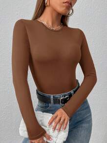 SHEIN PETITE Body ajustado y sólido para mujer de primavera - Marrón - Ver 5