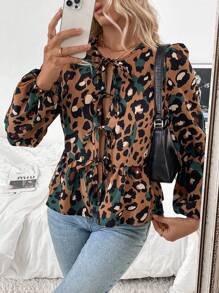 Chiquease Women's Fashion Versatile Leopard Print Tied Loose Woven Long Sleeve Casual Shirt Fall Cloth For Women - Multicolor - View 3