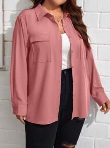 SHEIN Essnce Plus Size Women's Solid Color Simple Daily Long Sleeve Shirt - Coral Pink - View 6