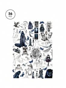 Corpse Bride X SHEIN 56张卡通人物图案贴纸套装，情侣婚礼、礼物、情人节 - 彩色 - 查看 7