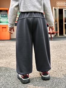 SHEIN Fashionable Outdoor Style Young Boy Letter Embroidered Patchwork Casual Long Pants, Suitable For Outgoing And Daily Wear - Dark Grey - View 3