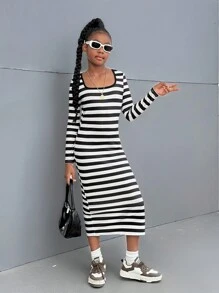 SHEIN Tween Girls' Sporty Chic Ribbed Striped Square Neck Dress