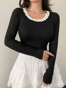 DAZY 女士圆领撞色蕾丝拼布长袖修身 T 恤 - 黑色 - 查看 2