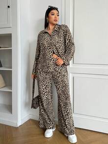 SHEIN EZwear 豹纹大码长袖衬衫+裤子两件套 - 彩色 - 查看 4