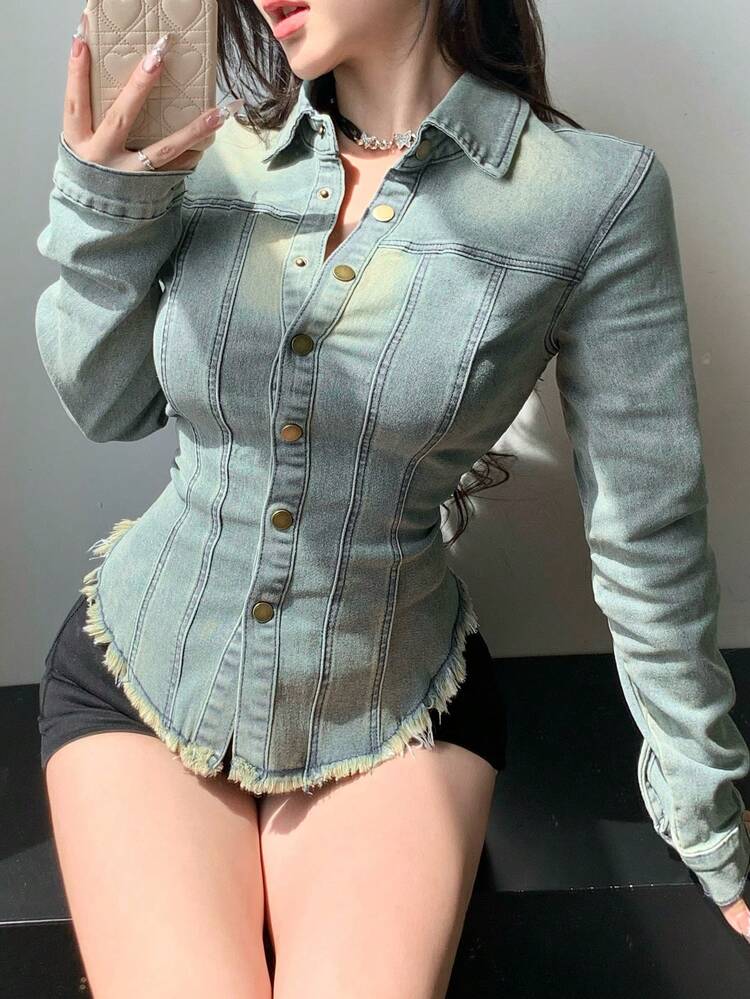 Women's Autumn Patchwork Frayed Hem Long Sleeve Waisted Casual Denim Jacket,Fall Women Clothes