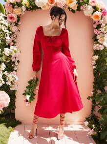 Allurite 纹理面料仿鱼骨优雅长袖红色连衣裙，适合约会和休闲穿着