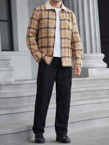 Manfinity Homme Men's Plaid Pattern Fleece Collar Casual Overcoat, Autumn/Winter - Khaki - View 4