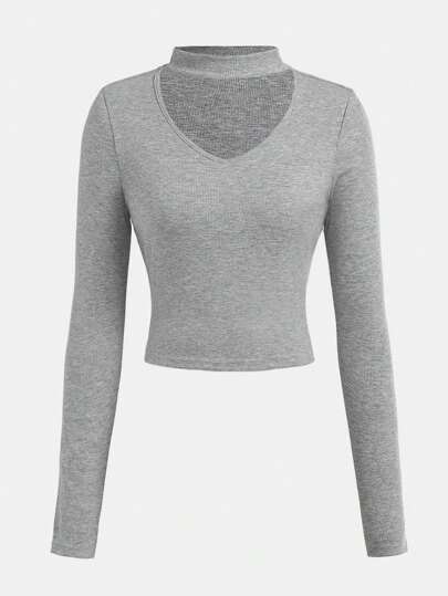 SHEIN 少女 V 领纯色针织长袖修身休闲优雅上衣