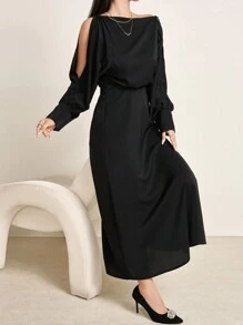 Modelyn Vestido casual de unicolor con cuello asimétrico para mujer, otoño