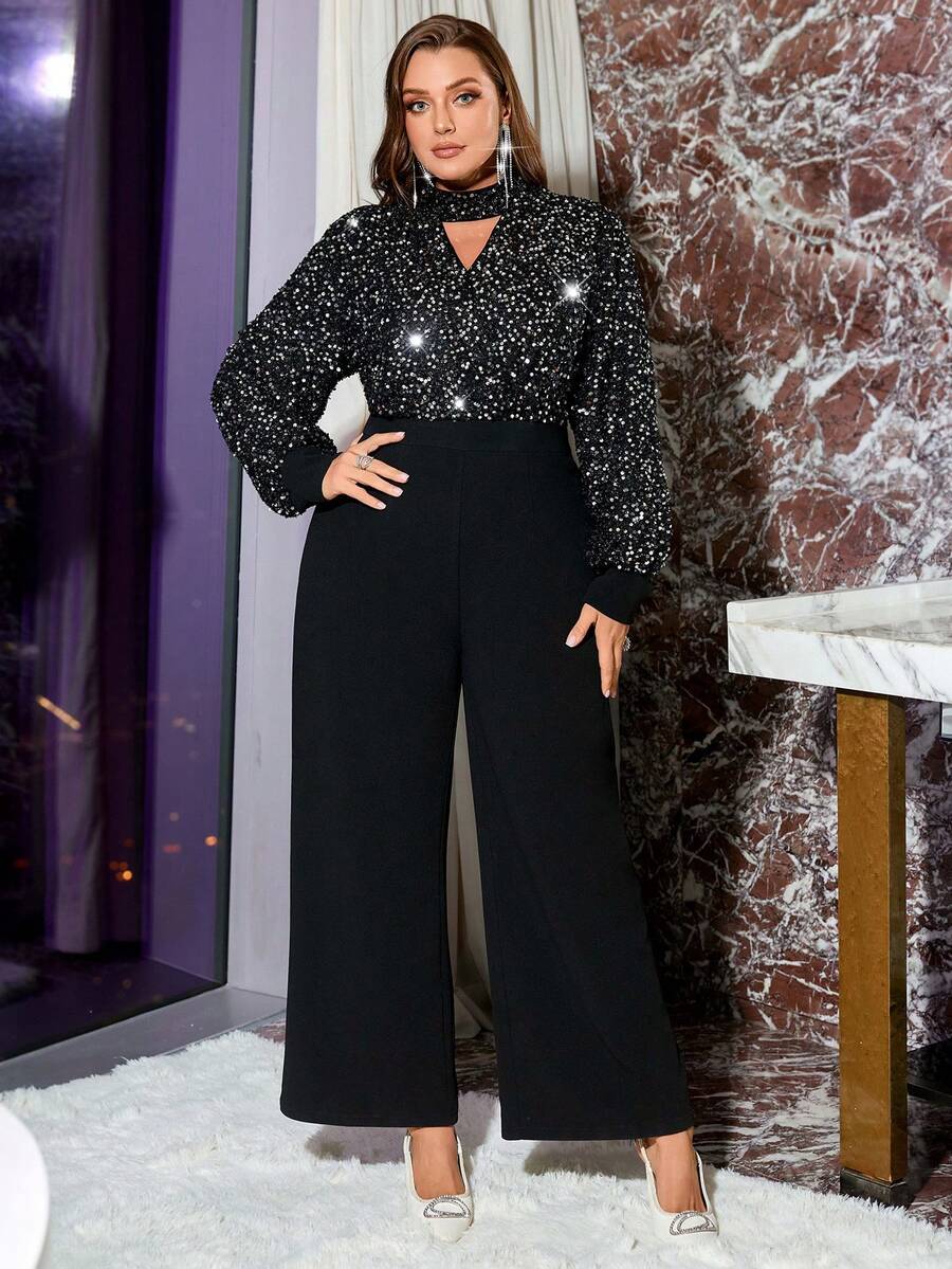 SHEIN Privé Plus Size Cutout Beaded Long Sleeve Jumpsuit for Sale