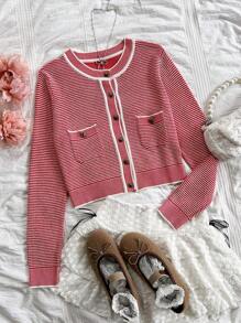 Soleia WYWH 女士秋季假日毕业季返校季服装秋装度假娃娃衫圣诞亮片返校节婚礼音乐会比赛日浪漫甜美可爱休闲安哥拉红条纹开衫 - 酒紅色 - 查看 1