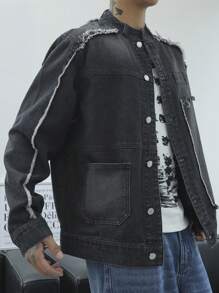 Claim Dot Men's Casual Street Wear Rapper Plain Dark Denim Jacket With Pockets And Frayed Hem, Spring Autumn, For Going Out - Black - View 1
