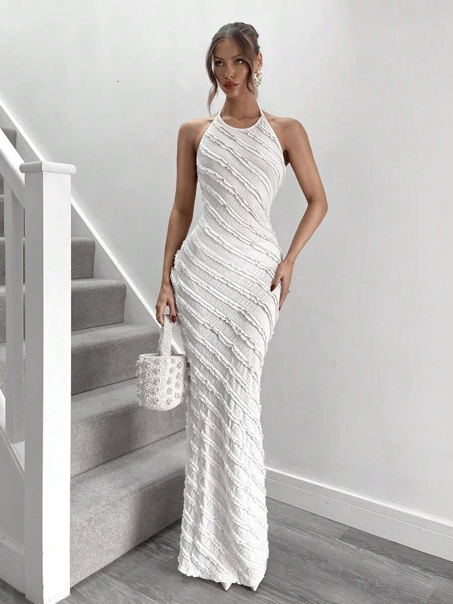 Roylia Đầm bodycon không tay màu tương phản thường ngày xếp ly cho nữ - Màu be - Xem 1