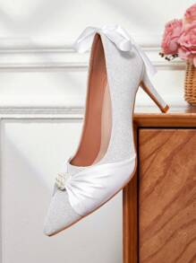 CUCCOO HITCHD Women's Pointy Toe Satin Ribbon & Bow Faux Pearl Decor White High Heel Pumps Fall - White - View 3