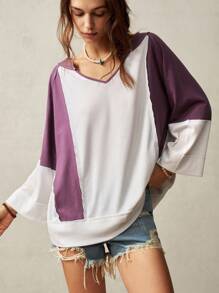 Bohemela 女士休闲针织拼色 V 领露背 3/4 袖宽松 T 恤