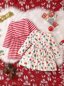 2 件套女婴圣诞主题印花条纹休闲连衣裙和连体衣套装 - 彩色 - 查看 2