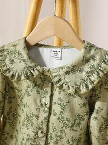 SHEIN Vintaside Kids 年轻女孩灯芯绒领衬衫绿色，复古乡村法式风格，适合秋冬季 - 綠色 - 查看 5