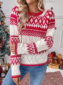 SHEIN LUNE Women's Round Neck Raglan Sleeve Long Sleeve Knit Sweater - Red - View 7