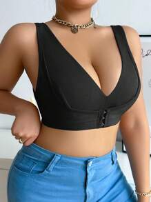 Plus Size Black Front Closure Bra Wireless Support Full Coverage Casual Comfy - Black - View 5
