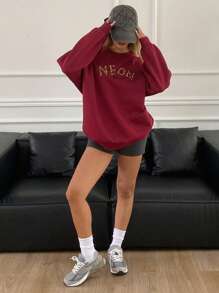 DAZY Women's Loose Fit Letter Embroidered Crew Neck Sweatshirt,Fall Women Clothes - Red - View 4