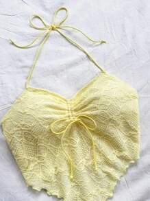 Soleia Camiseta sin mangas con cuello en V acanalado, fruncido delantero y espalda de tirantes anchos, de punto texturizado amarillo, para vacaciones, para mujer