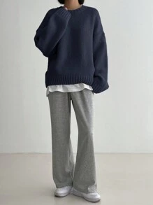 DAZY Round Neck Casual Long Sleeve Sweater With Butterfly Embroidery,Fall Women Clothes - Navy Blue - View 5