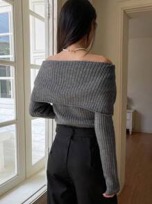 DAZY 不对称设计高领套头毛衣，女士露肩毛衣，长袖上衣，秋季服装 - 灰色 - 查看 5