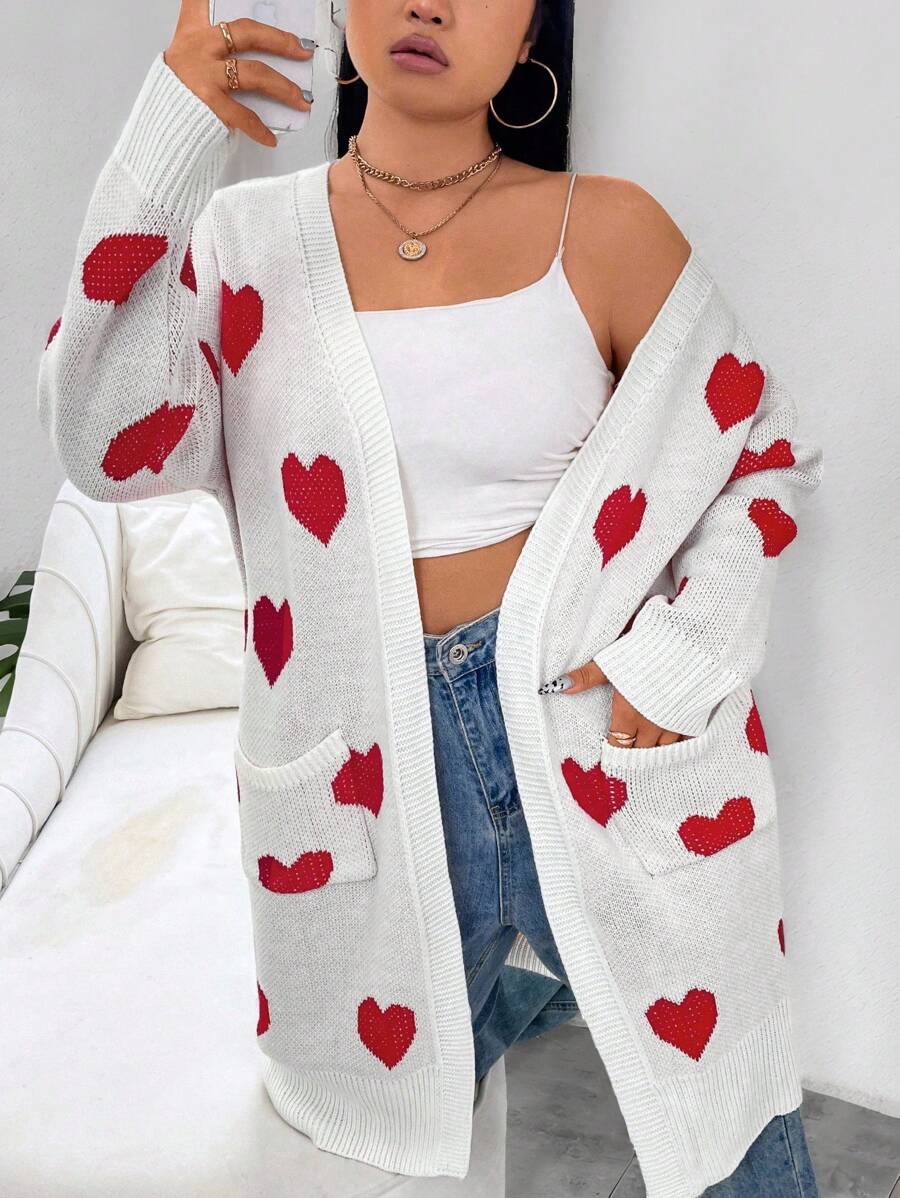 Calvaya Plus Size Heart Pattern Pocket Design Casual Long Sleeve Cardigan - Baby Pink - View 1