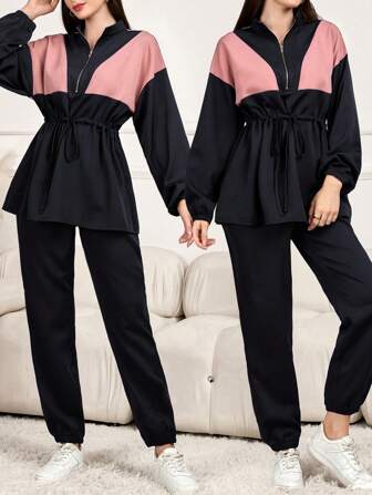 Mulvari 2pcs Women Spring Autumn Contrast Color Drop-Shoulder Long Sleeve Zip Up Collared Top And Pants Casual Suit 2 Pieces Set Fall Cloth For Women