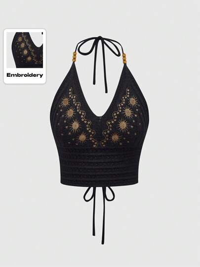 Hippie Women's Basic Knitted Top With Printed Halter, Casual And Daily Wear